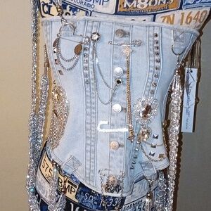 AKIRA Denim Embellished Camisole - Blue and Gold